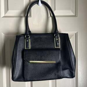 Anne Klein Black Faux Leather Satchel with Gold-Tone Hardware